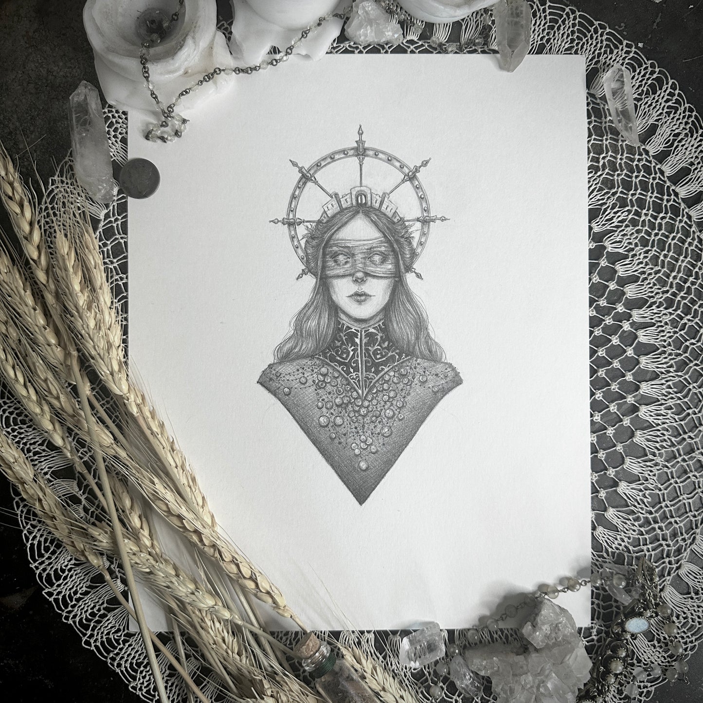 Tyche Original Drawing by Caitlin McCarthy in Ornate Gold Frame