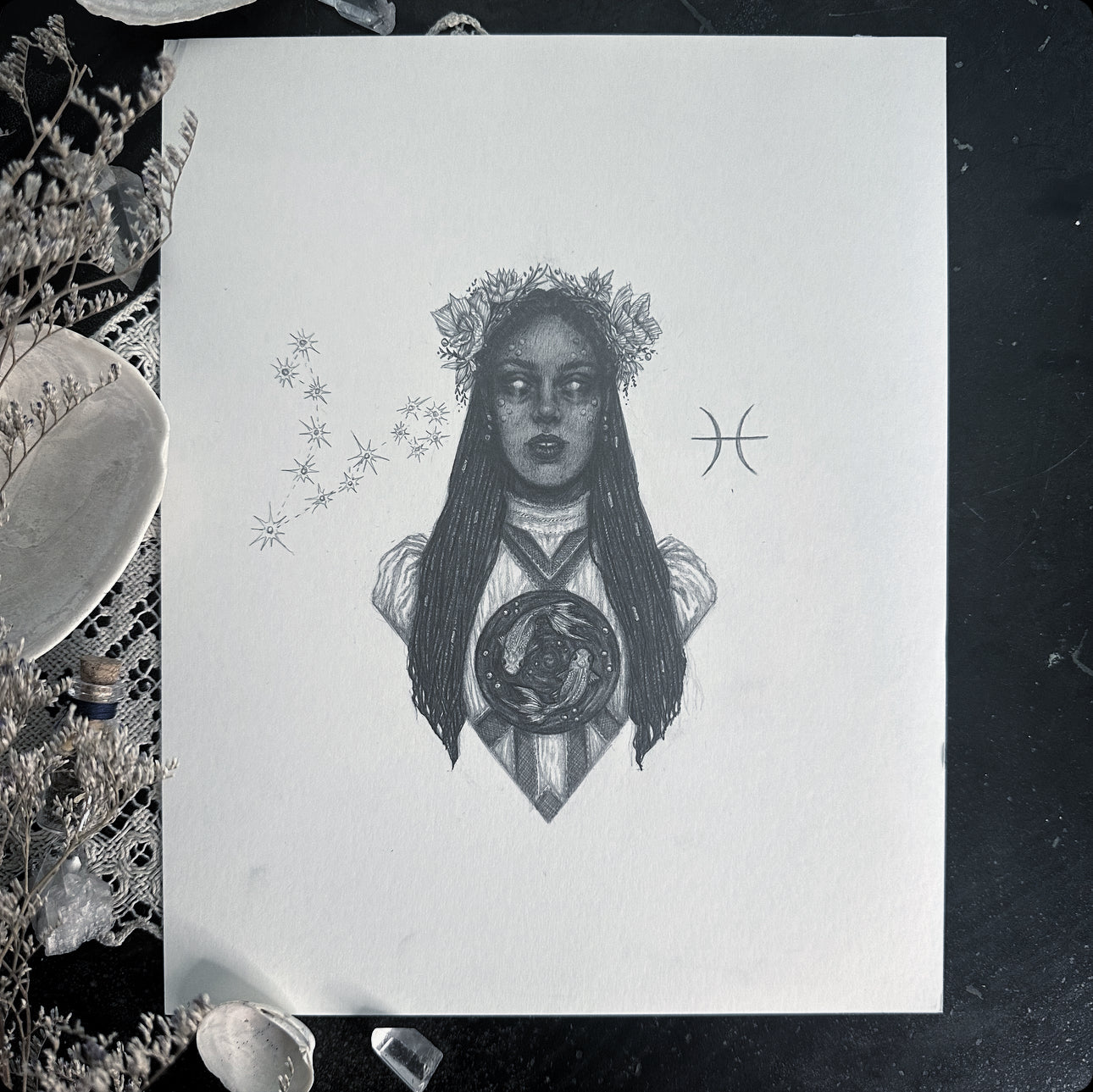 Pisces Zodiac Goddess - Original Graphite Drawing