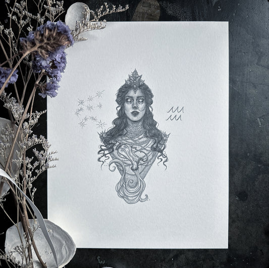 Aquarius Zodiac Goddess - Original Drawing by Caitlin McCarthy