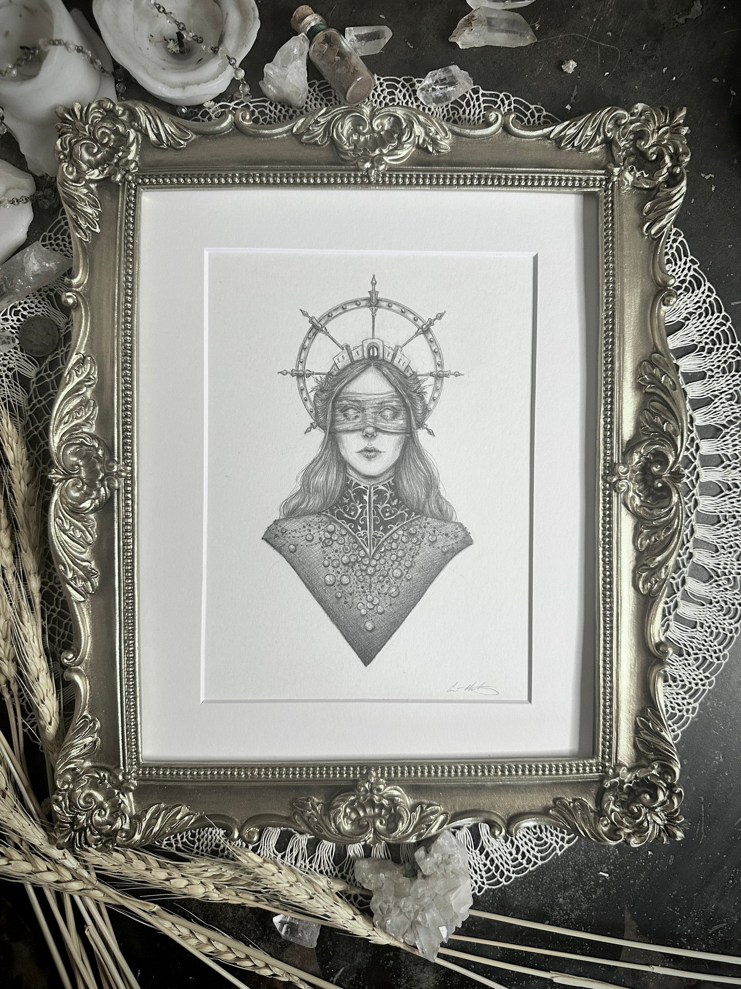 Tyche Original Drawing by Caitlin McCarthy in Ornate Gold Frame