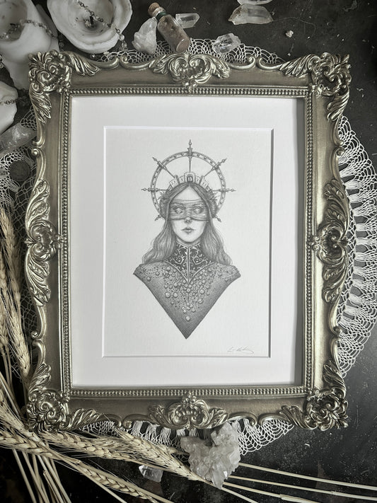 Tyche Original Drawing by Caitlin McCarthy in Ornate Gold Frame