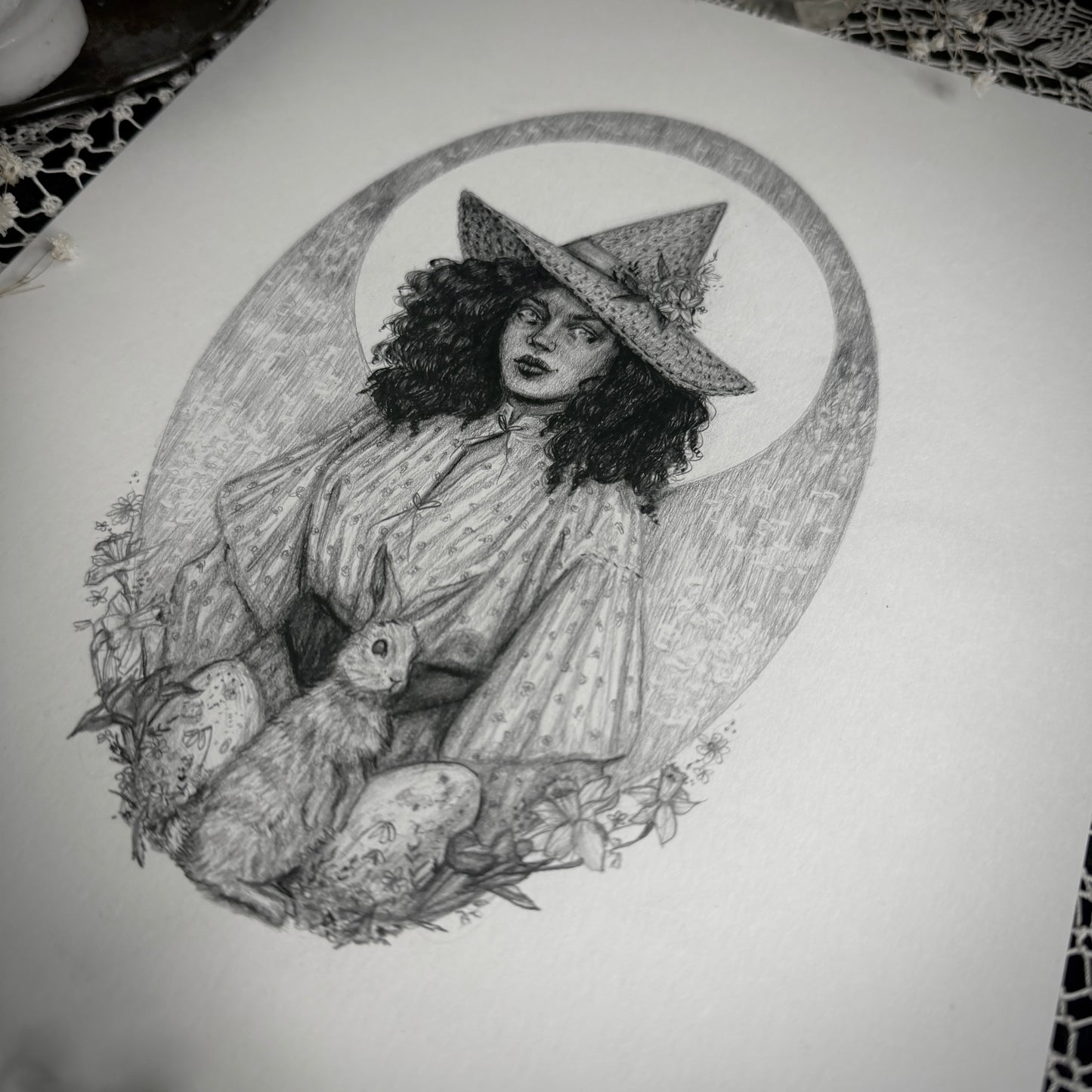 Ostara Witch - Original Graphite Drawing by Caitlin McCarthy