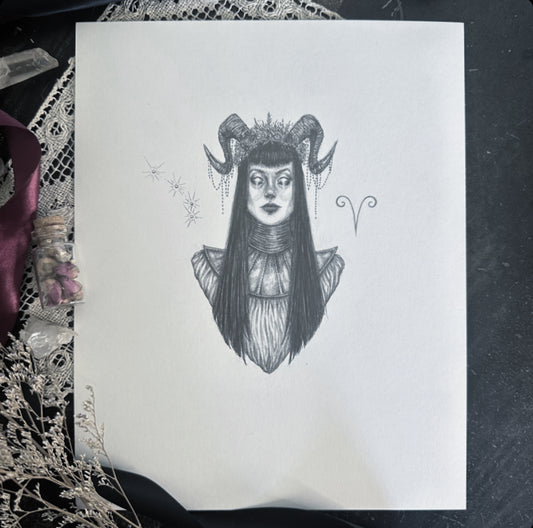 Aries Zodiac Goddess - Original Graphite Drawing