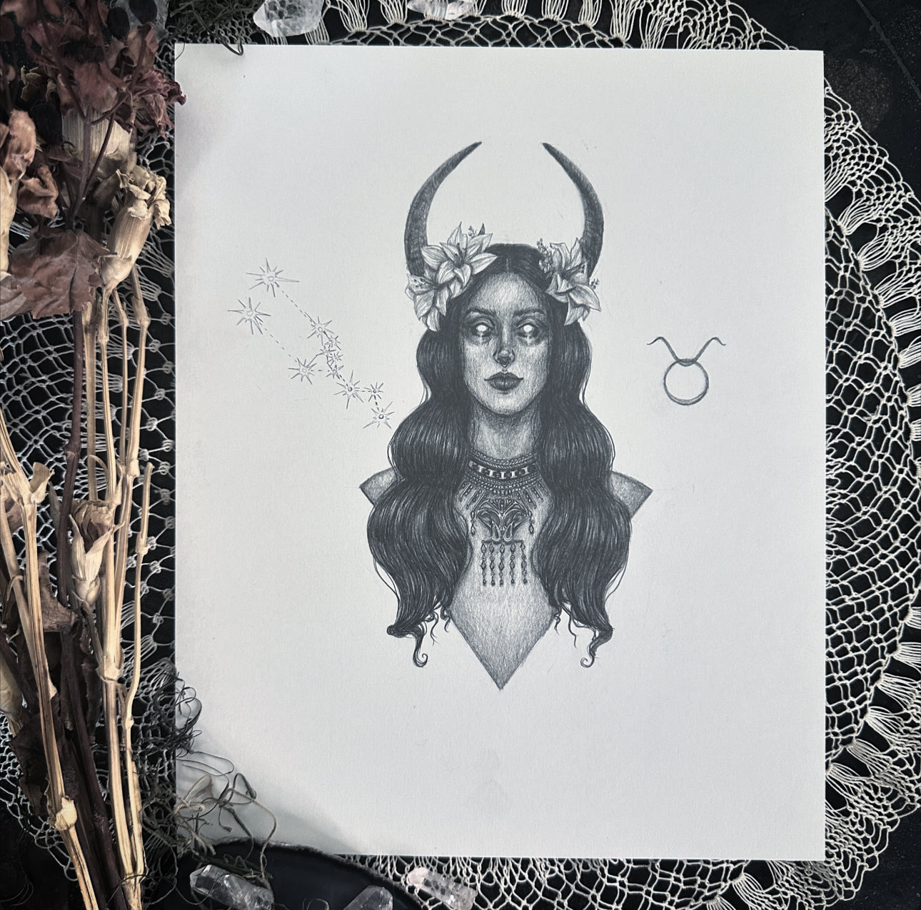 Taurus Zodiac Goddess - Original Drawing by Caitlin McCarthy
