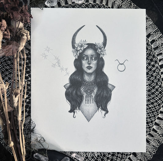 Taurus Zodiac Goddess - Original Drawing by Caitlin McCarthy