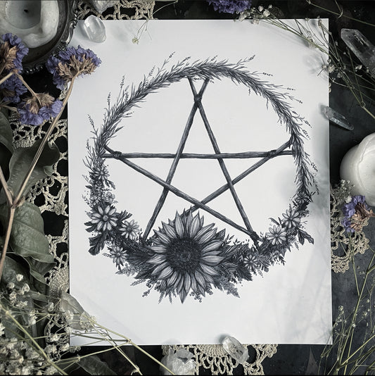 Summer Solstice Litha Pentacle Wreath - Fine Art Print